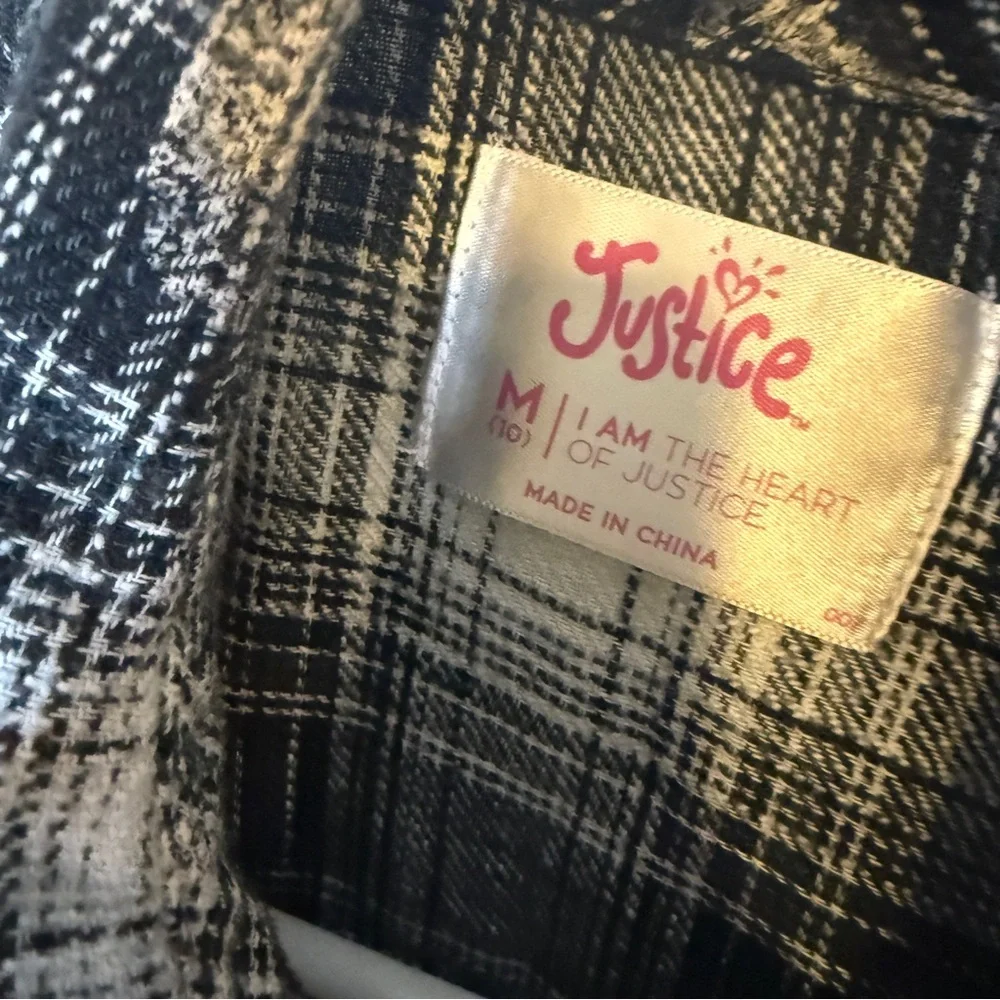 Justice Black and White Flower Plaid Button Front Shirt Girls Size M 10